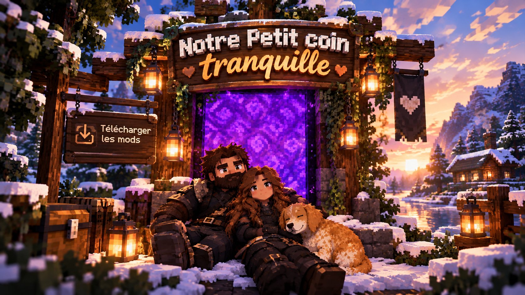 Un couple et leur chien blottis dans la neige devant un portail violet, sous l'enseigne « Notre petit coin tranquille »